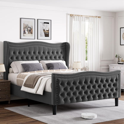 Queen Size Velvet Platform Bed - Wingback Headboard & Footboard, Velvet, Wood Slats, No Box Spring, Grey