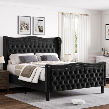 Sersper Full Size Velvet Platform Bed - Wingback Headboard & Footboard, Velvet, Wood Slats, No Box Spring, Black