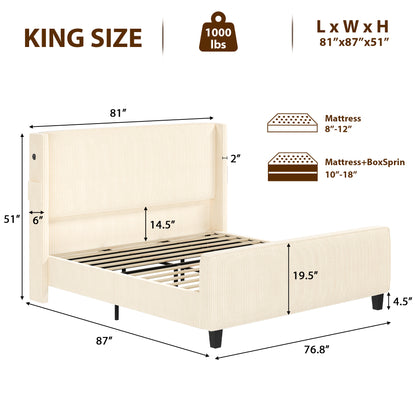 Sersper Queen/King Size Upholstered Wingback Corduroy Bed Frame with USB Ports, No Box Spring, Beige