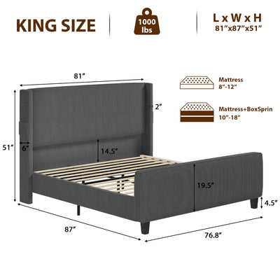 Sersper King Size Upholstered Wingback Corduroy Bed Frame with USB Ports, No Box Spring, Grey