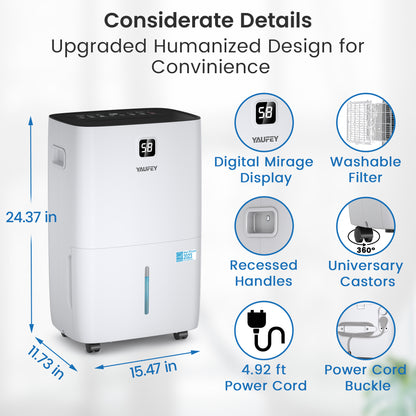 Yaufey 150 Pints Energy Star Dehumidifier with Pump - Covers 7,000 Sq. Ft, Home & Basement, Drain Hose, Timer, Humidity Control