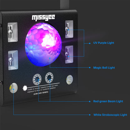 Missyee 4-in-1 DJ Light - Disco Ball, LED Patterns, Strobe, UV, Sound Activated Stage Light