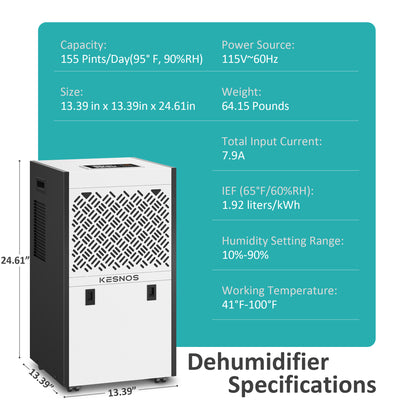 Kesnos 155 Pints Large Dehumidifier - Up to 8000 Sq. Ft, Commercial Use with 6.56ft Drain Hose, 1.32 Gal Water Tank, Washable Filter