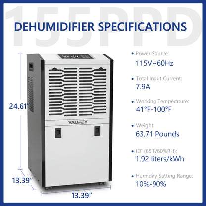 Yaufey 155 Pints 8,000 Sq. Ft High-Capacity Commercial Dehumidifier