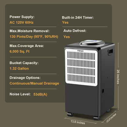 Fehom 130-Pint Dehumidifier with 1.32-Gallon Tank - Ideal for Large Spaces up to 6000 Sq. Ft