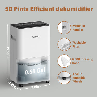 Fehom 50 Pints Dehumidifier - With Drain Hose, 0.55 Gal Water Tank, Water Capacity Display