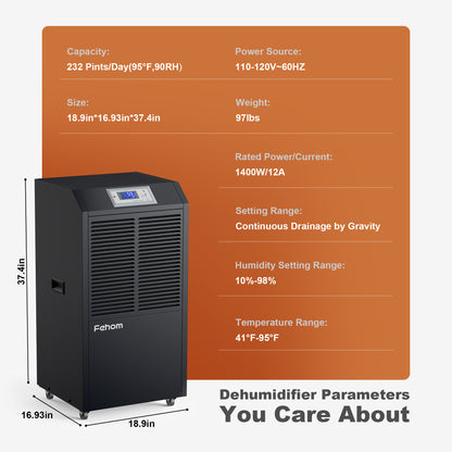 Fehom 232 Pints Commercial Dehumidifier for Large Space up to 8,500 Sq. Ft