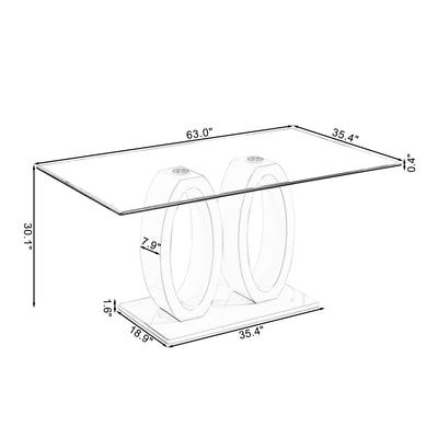 Sersper 63 Inch Glass Top Dining Table for 6 - Modern Design with Double O-Shaped Support, Seats 4-6