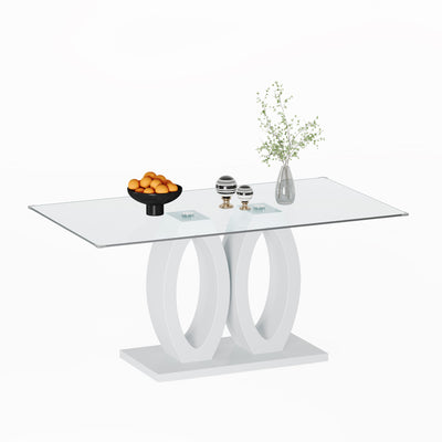 Sersper 63 Inch Glass Top Dining Table for 6 - Modern Design with Double O-Shaped Support, Seats 4-6