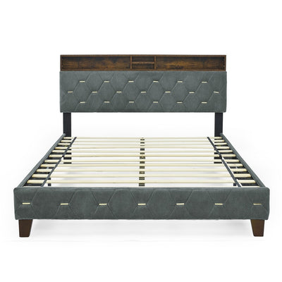 Sersper Queen Bed Frame - Upholstered Headboard, Shelf, Outlet & USB Ports, Wood Legs, No Box Spring, Grey