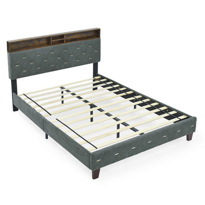 Sersper Queen Bed Frame - Upholstered Headboard, Shelf, Outlet & USB Ports, Wood Legs, No Box Spring, Grey