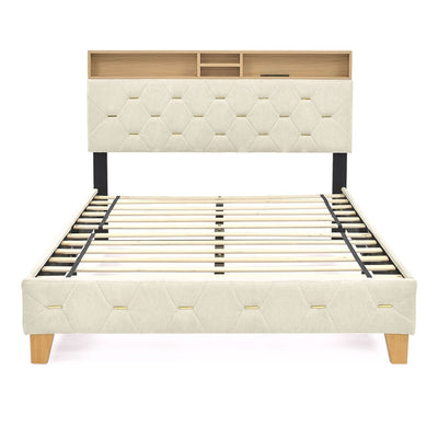 Sersper Queen Bed Frame - Upholstered Headboard, Shelf, Outlet & USB Ports, Wood Legs, No Box Spring, Beige