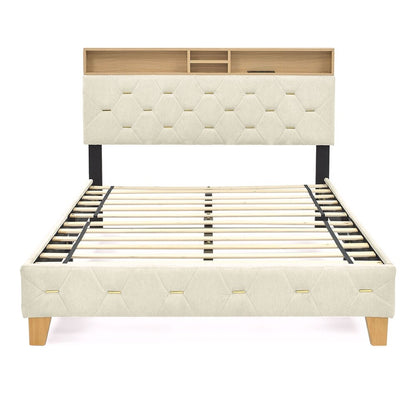 Sersper Queen Bed Frame - Upholstered Headboard, Shelf, Outlet & USB Ports, Wood Legs, No Box Spring, Beige