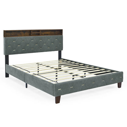 Sersper Queen Bed Frame - Upholstered Headboard, Shelf, Outlet & USB Ports, Wood Legs, No Box Spring, Grey