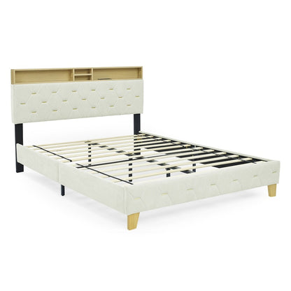 Sersper Queen Bed Frame - Upholstered Headboard, Shelf, Outlet & USB Ports, Wood Legs, No Box Spring, Beige