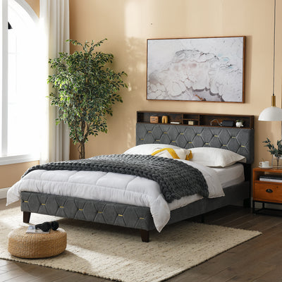 Sersper Queen Bed Frame - Upholstered Headboard, Shelf, Outlet & USB Ports, Wood Legs, No Box Spring, Grey