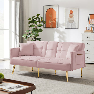 Sersper 69-Inch Adjustable Velvet Sofa Bed - 3-Position Recline, Thick Cushions, Gold Legs, 2 Pillows, Built-in Cup Holder, Pink