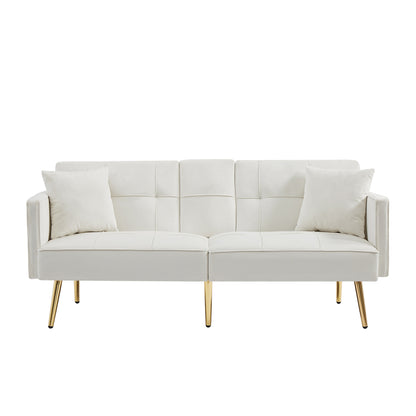 Sersper 69-Inch Convertible Velvet Sofa Bed - Adjustable Backrest, Thick Cushions, Gold Legs, 2 Pillows, Cup Holder, White