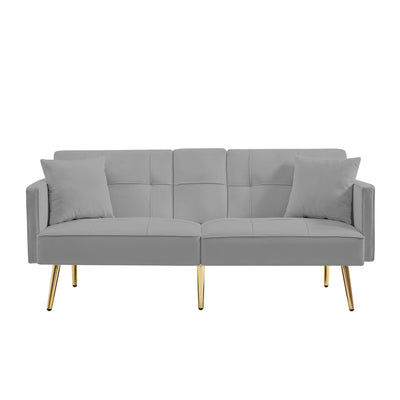 Sersper 69-Inch Adjustable Velvet Sofa Bed - 3-Position Recline, Thick Cushions, Gold Legs, 2 Pillows, Built-in Cup Holder, Grey