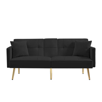 Sersper 69-Inch Velvet Sofa Bed - 3-Position Adjustable Backrest, Thick Cushions, Gold Legs, 2 Pillows, Cup Holder, Black