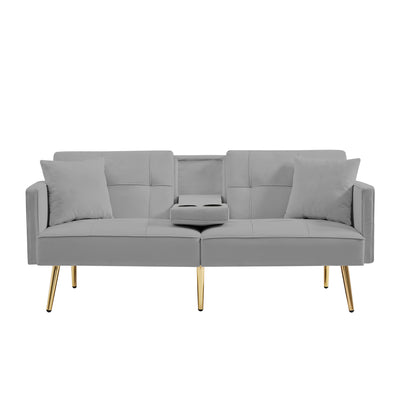 Sersper 69-Inch Adjustable Velvet Sofa Bed - 3-Position Recline, Thick Cushions, Gold Legs, 2 Pillows, Built-in Cup Holder, Grey