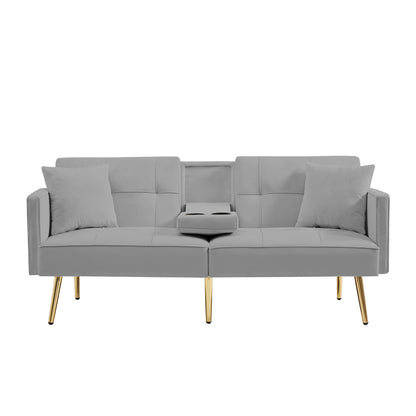 Sersper 69-Inch Adjustable Velvet Sofa Bed - 3-Position Recline, Thick Cushions, Gold Legs, 2 Pillows, Built-in Cup Holder, Grey