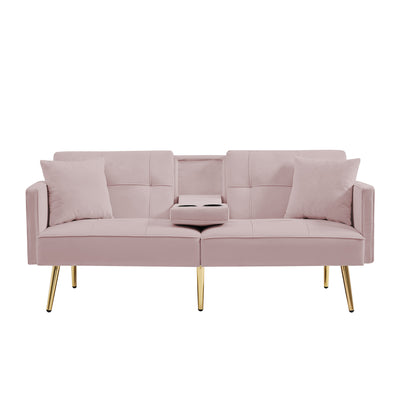 Sersper 69-Inch Adjustable Velvet Sofa Bed - 3-Position Recline, Thick Cushions, Gold Legs, 2 Pillows, Built-in Cup Holder, Pink