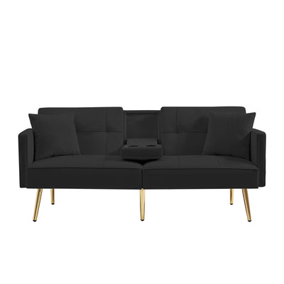 Sersper 69-Inch Velvet Sofa Bed - 3-Position Adjustable Backrest, Thick Cushions, Gold Legs, 2 Pillows, Cup Holder, Black