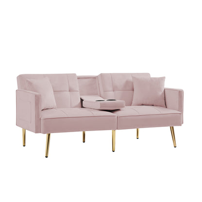 Sersper 69-Inch Adjustable Velvet Sofa Bed - 3-Position Recline, Thick Cushions, Gold Legs, 2 Pillows, Built-in Cup Holder, Pink