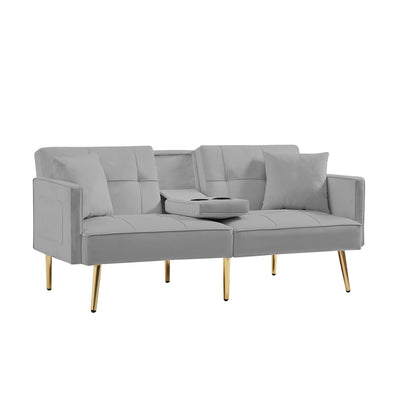 Sersper 69-Inch Adjustable Velvet Sofa Bed - 3-Position Recline, Thick Cushions, Gold Legs, 2 Pillows, Built-in Cup Holder, Grey