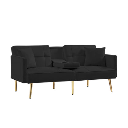 Sersper 69-Inch Velvet Sofa Bed - 3-Position Adjustable Backrest, Thick Cushions, Gold Legs, 2 Pillows, Cup Holder, Black