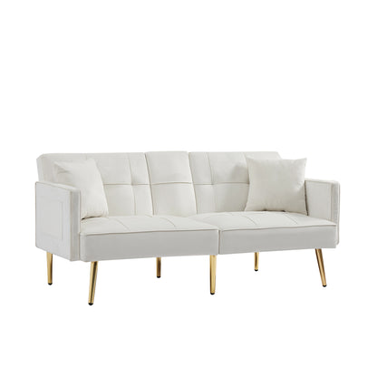 Sersper 69-Inch Convertible Velvet Sofa Bed - Adjustable Backrest, Thick Cushions, Gold Legs, 2 Pillows, Cup Holder, White