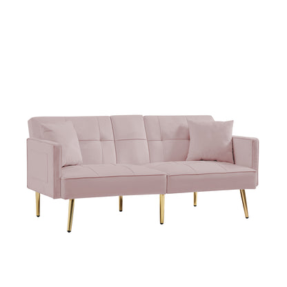 Sersper 69-Inch Adjustable Velvet Sofa Bed - 3-Position Recline, Thick Cushions, Gold Legs, 2 Pillows, Built-in Cup Holder, Pink