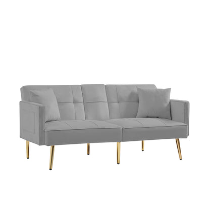 Sersper 69-Inch Adjustable Velvet Sofa Bed - 3-Position Recline, Thick Cushions, Gold Legs, 2 Pillows, Built-in Cup Holder, Grey