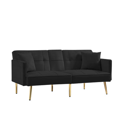 Sersper 69-Inch Velvet Sofa Bed - 3-Position Adjustable Backrest, Thick Cushions, Gold Legs, 2 Pillows, Cup Holder, Black