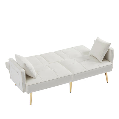 Sersper 69-Inch Convertible Velvet Sofa Bed - Adjustable Backrest, Thick Cushions, Gold Legs, 2 Pillows, Cup Holder, White