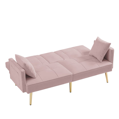 Sersper 69-Inch Adjustable Velvet Sofa Bed - 3-Position Recline, Thick Cushions, Gold Legs, 2 Pillows, Built-in Cup Holder, Pink