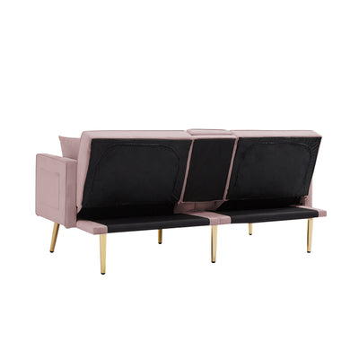 Sersper 69-Inch Adjustable Velvet Sofa Bed - 3-Position Recline, Thick Cushions, Gold Legs, 2 Pillows, Built-in Cup Holder, Pink