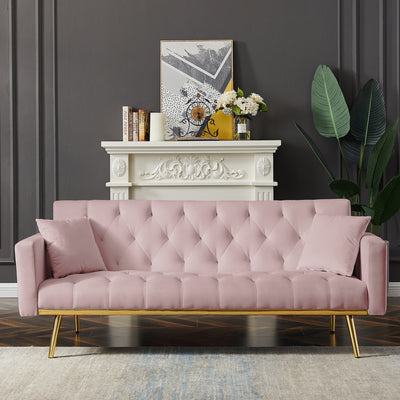 Sersper Convertible 73-Inch Velvet Futon Sofa Bed - 3 Reclining Angles, Golden Tapered Metal Legs, Pink