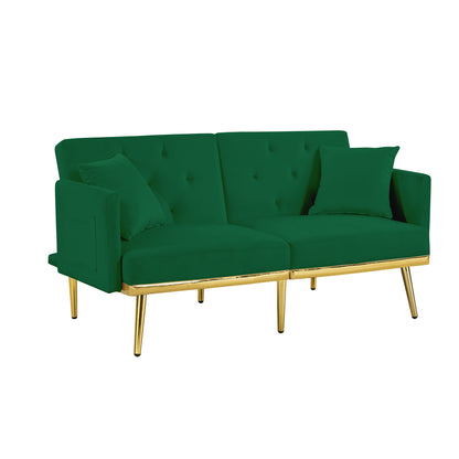 Sersper 59-Inch Convertible Velvet Sofa Bed - 3-Position Backrest, Thick Cushions, Metal Legs, 2 Pillows, Split Back Design, Green