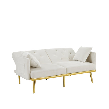 Sersper 59-Inch Convertible Velvet Futon Sofa Bed - With 2 Pillows, 3 Adjustable Positions, 6 Golden Metal Legs, Cream