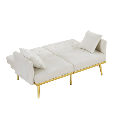 Sersper 59-Inch Convertible Velvet Futon Sofa Bed - With 2 Pillows, 3 Adjustable Positions, 6 Golden Metal Legs, Cream