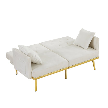 Sersper 59-Inch Convertible Velvet Futon Sofa Bed - With 2 Pillows, 3 Adjustable Positions, 6 Golden Metal Legs, Cream