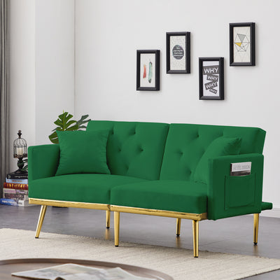 Sersper 59-Inch Convertible Velvet Sofa Bed - 3-Position Backrest, Thick Cushions, Metal Legs, 2 Pillows, Split Back Design, Green