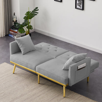 Sersper 59-Inch Velvet Sofa Bed - Adjustable Backrest, Thick Cushions, Metal Legs, 2 Pillows, Separate Back Design, Grey