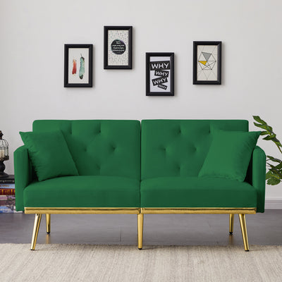 Sersper 59-Inch Convertible Velvet Sofa Bed - 3-Position Backrest, Thick Cushions, Metal Legs, 2 Pillows, Split Back Design, Green