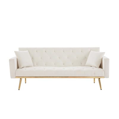 Sersper 73-Inch Velvet Futon Sofa Bed - Convertible Sleeper, 3 Reclining Angles, Golden Metal Legs, Cream