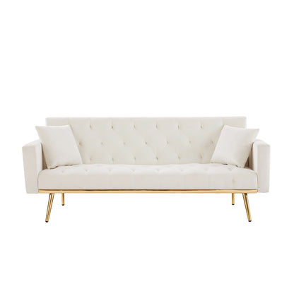 Sersper 73-Inch Velvet Futon Sofa Bed - Convertible Sleeper, 3 Reclining Angles, Golden Metal Legs, Cream