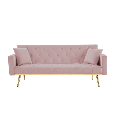 Sersper Convertible 73-Inch Velvet Futon Sofa Bed - 3 Reclining Angles, Golden Tapered Metal Legs, Pink