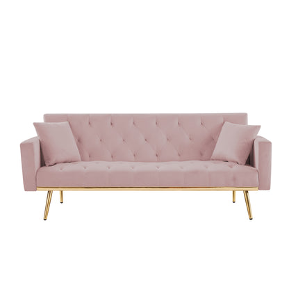 Sersper Convertible 73-Inch Velvet Futon Sofa Bed - 3 Reclining Angles, Golden Tapered Metal Legs, Pink